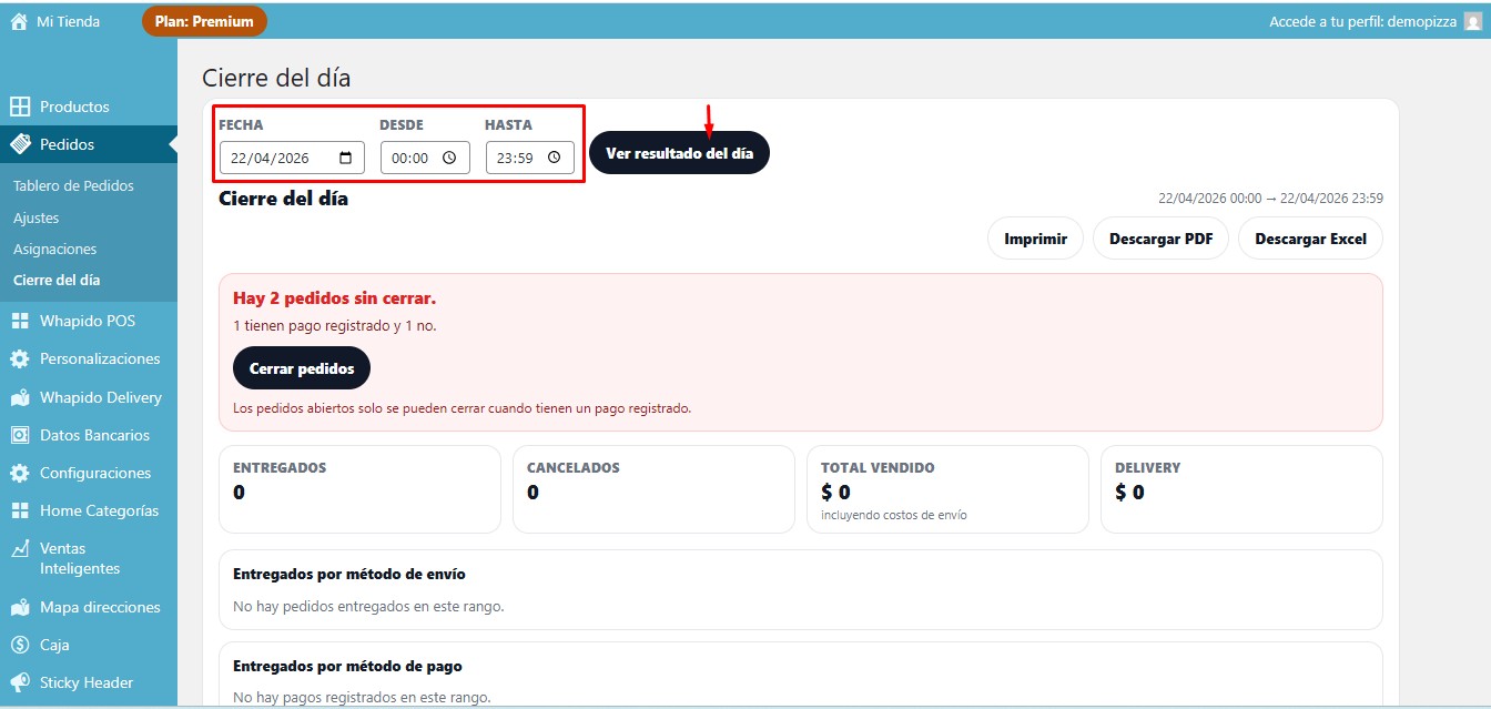 Filtros de fecha y hora en cierre del día
