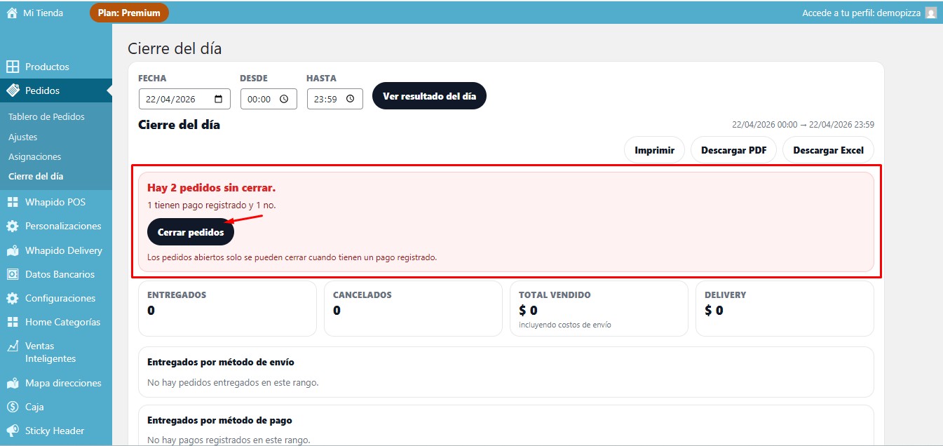 Advertencia de pedidos sin cerrar